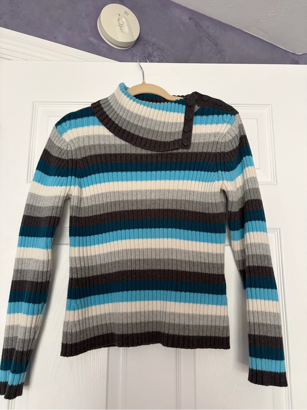 Striped Ribbed Button-Shoulder Sweater - Teal, Gray & Cream